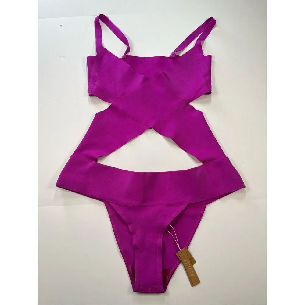 SKIMS Knit Swim Monokini Cutout One Piece Swimsuit Purple Sexy Plus Size 3X NWT